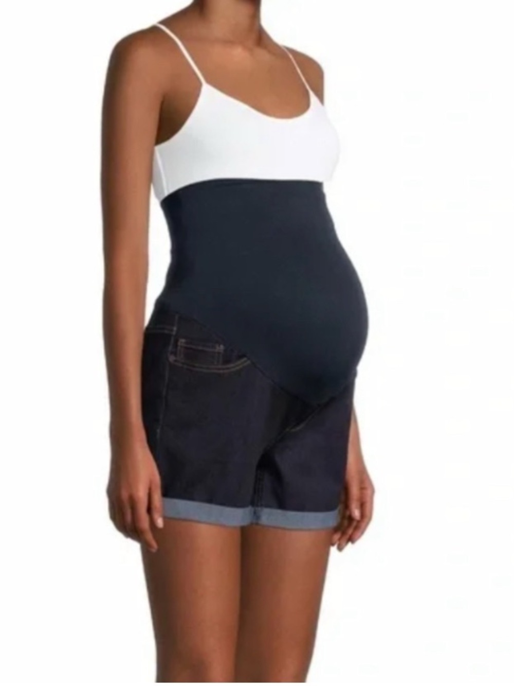 Maternity Time & Tru S 4/6 Full Belly Panel Blue Denim Rolled Cuffed Shorts